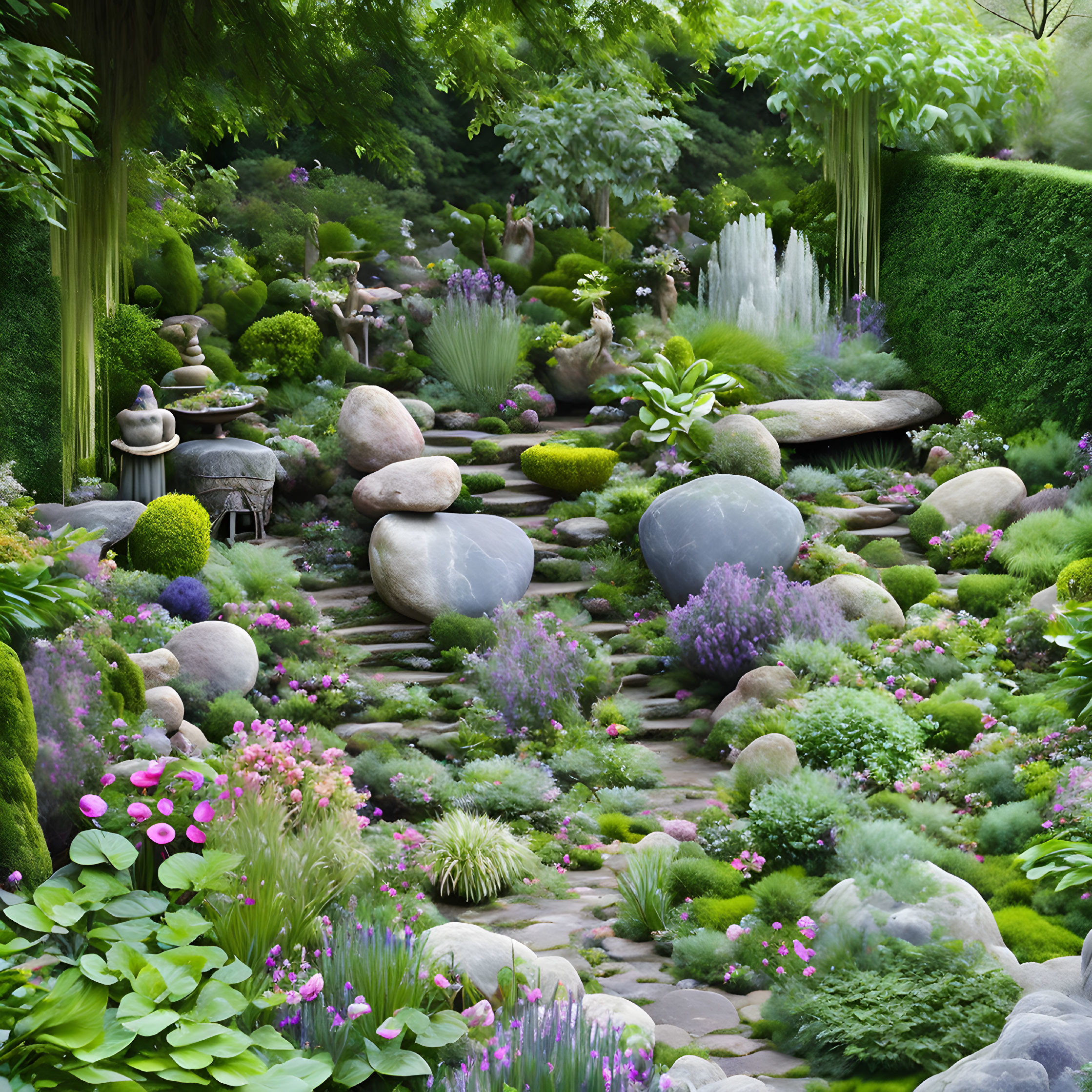 Serene garden path with stones, greenery, flowers, fountain, hedges, and trees