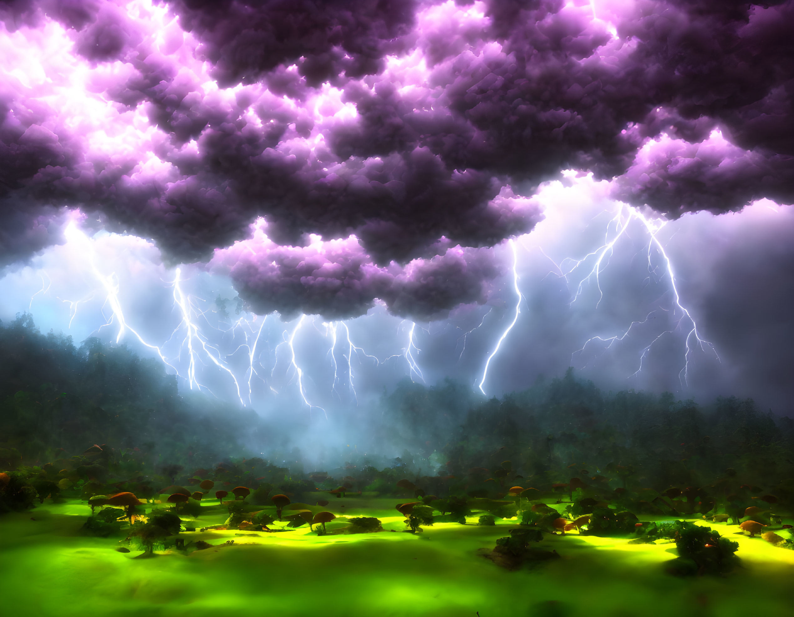 Purple Clouds and Lightning Bolts Over Green Forest in Yellow Light