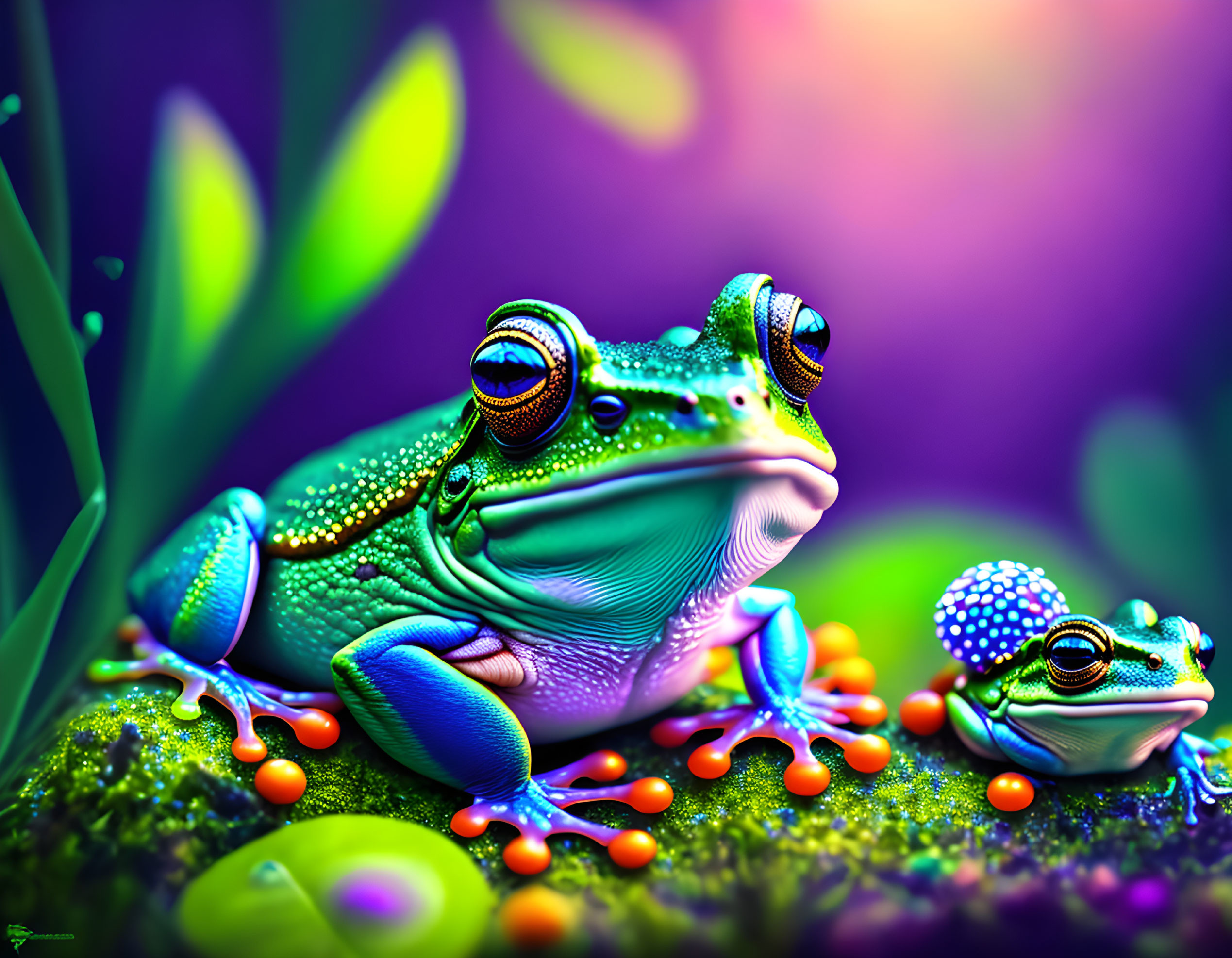 Colorful Frogs in Vibrant Digital Art Amid Lush Greenery