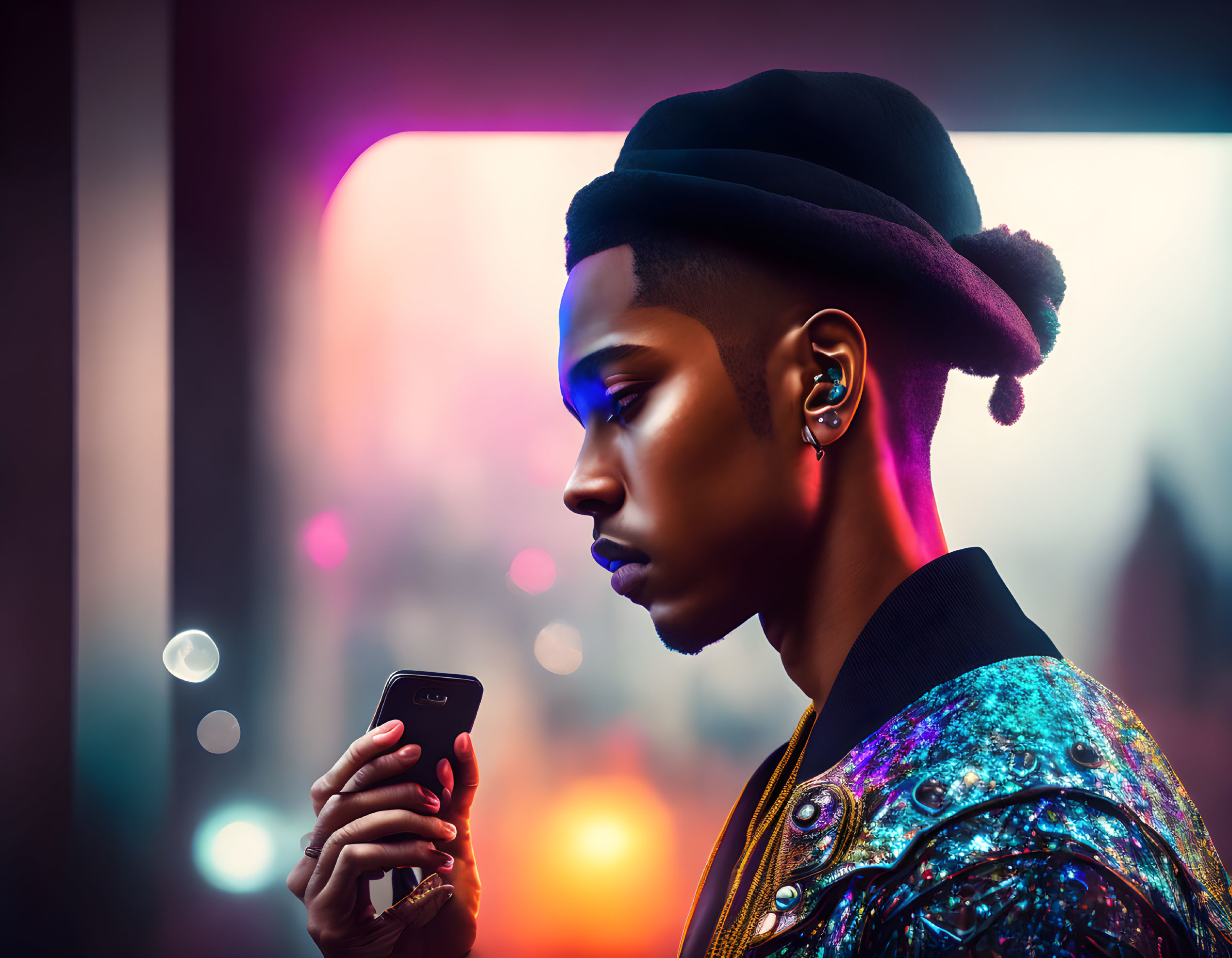 Stylish young man in beret on phone with bokeh lights