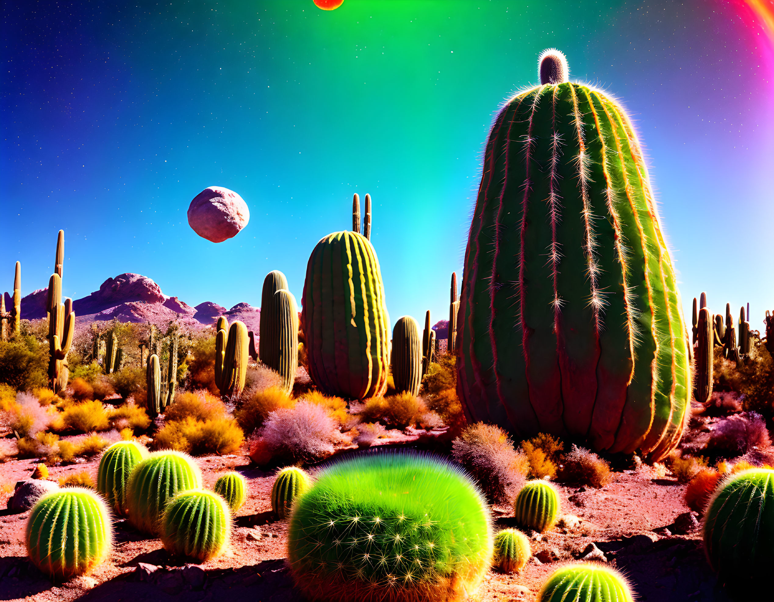 Surreal desert landscape with towering cacti under starry sky