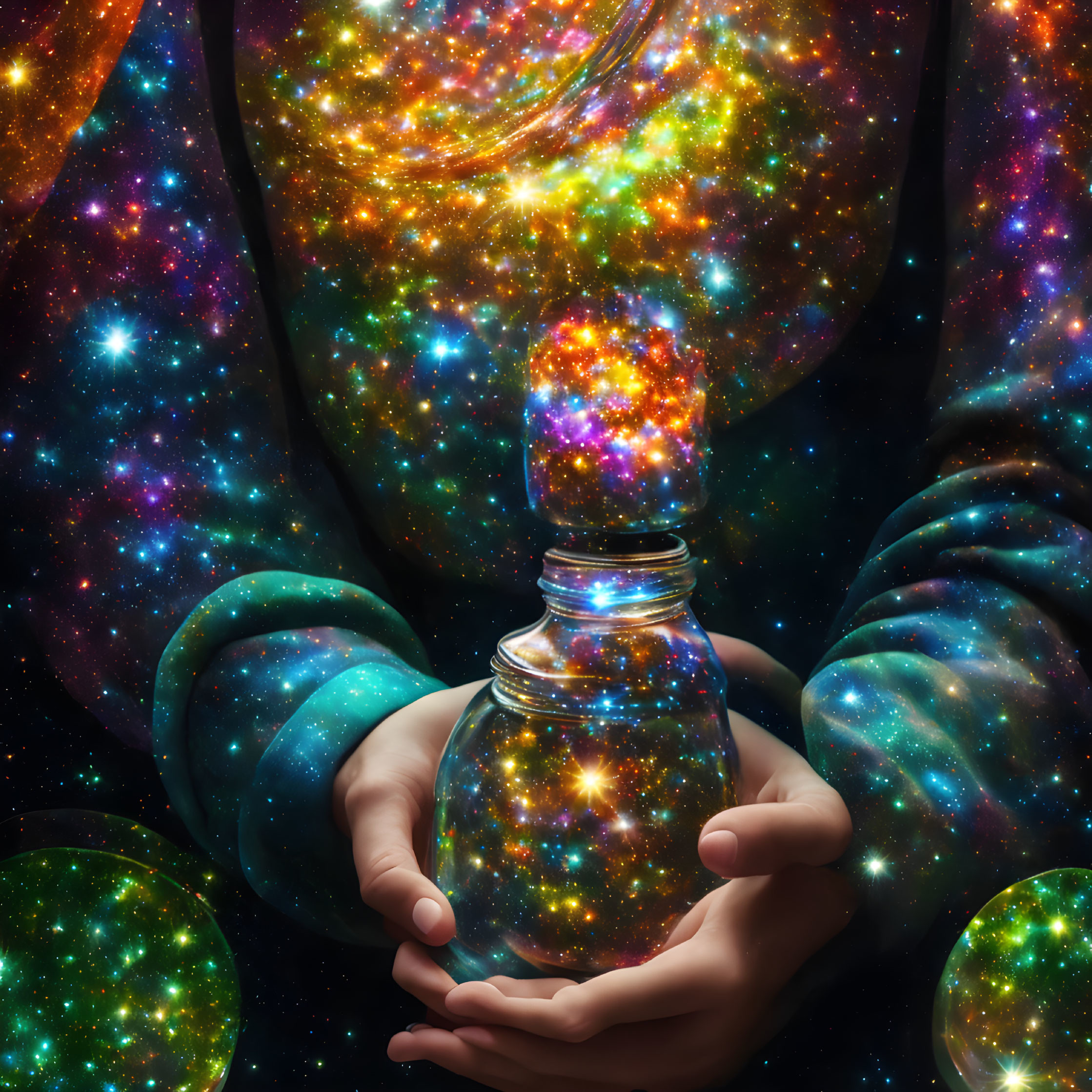 Glass jar with swirling galaxy in cosmic backdrop