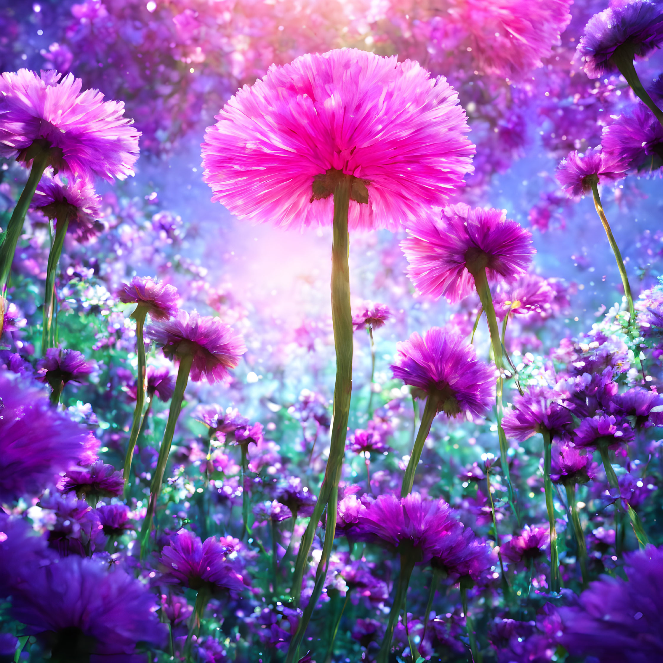 Pink and Purple Flower Field in Soft Sunlight with Dreamy Bokeh