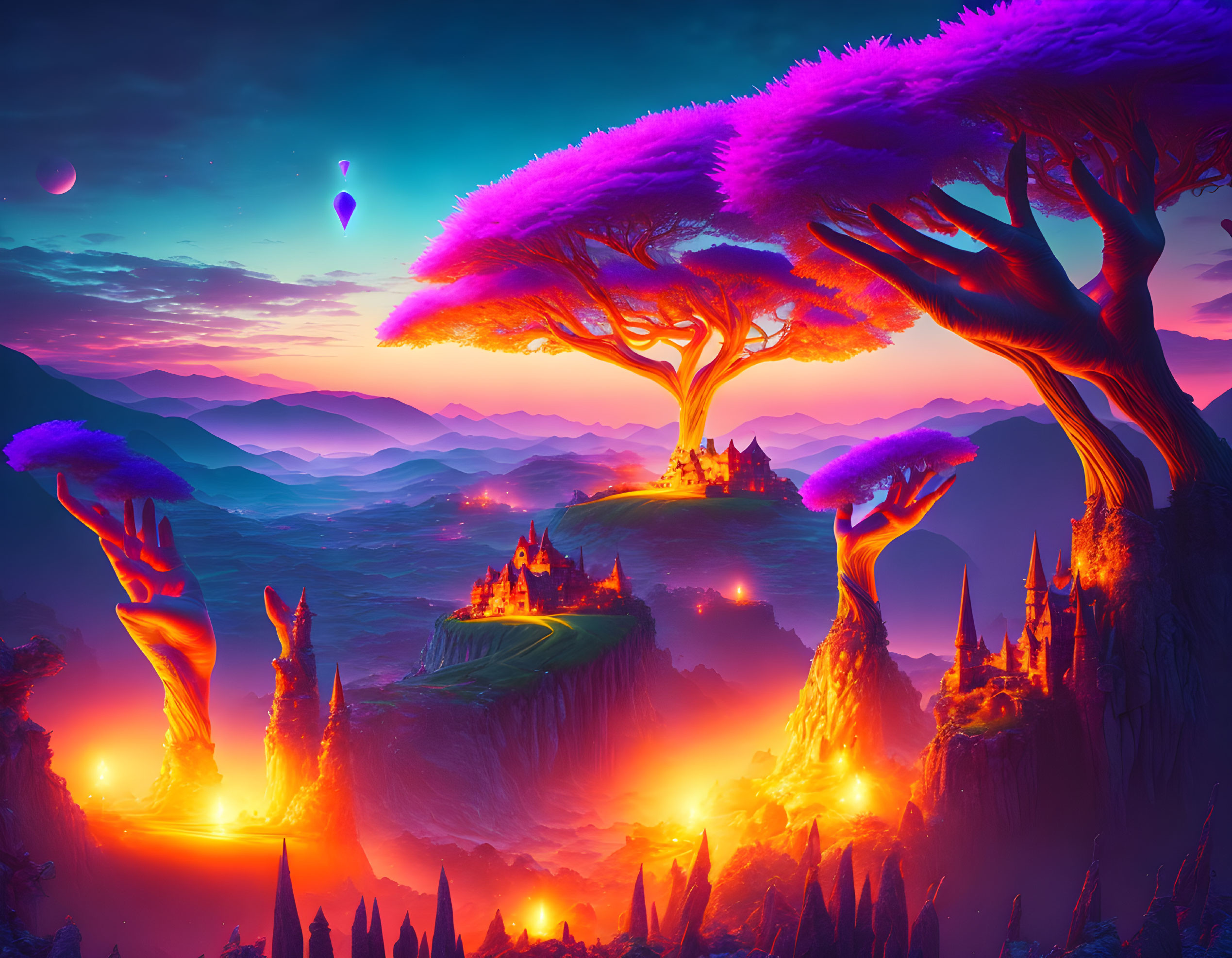 Majestic purple trees in glowing lava fantasy landscape