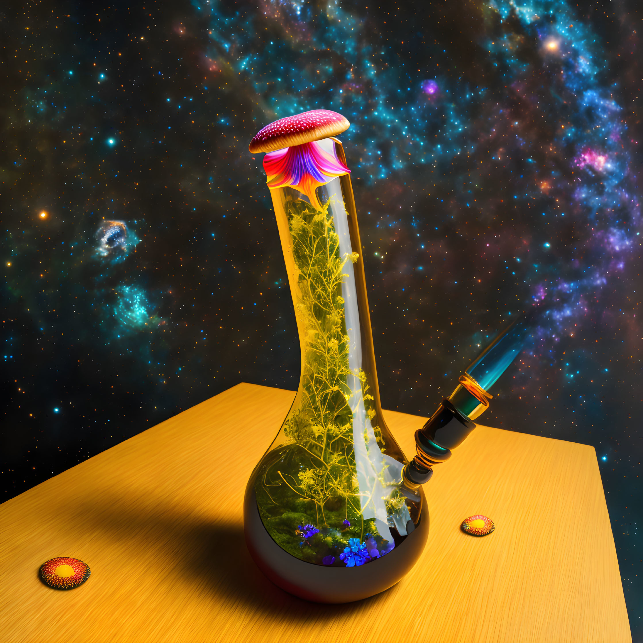 Vibrant glass bong with plant on table against cosmic backdrop