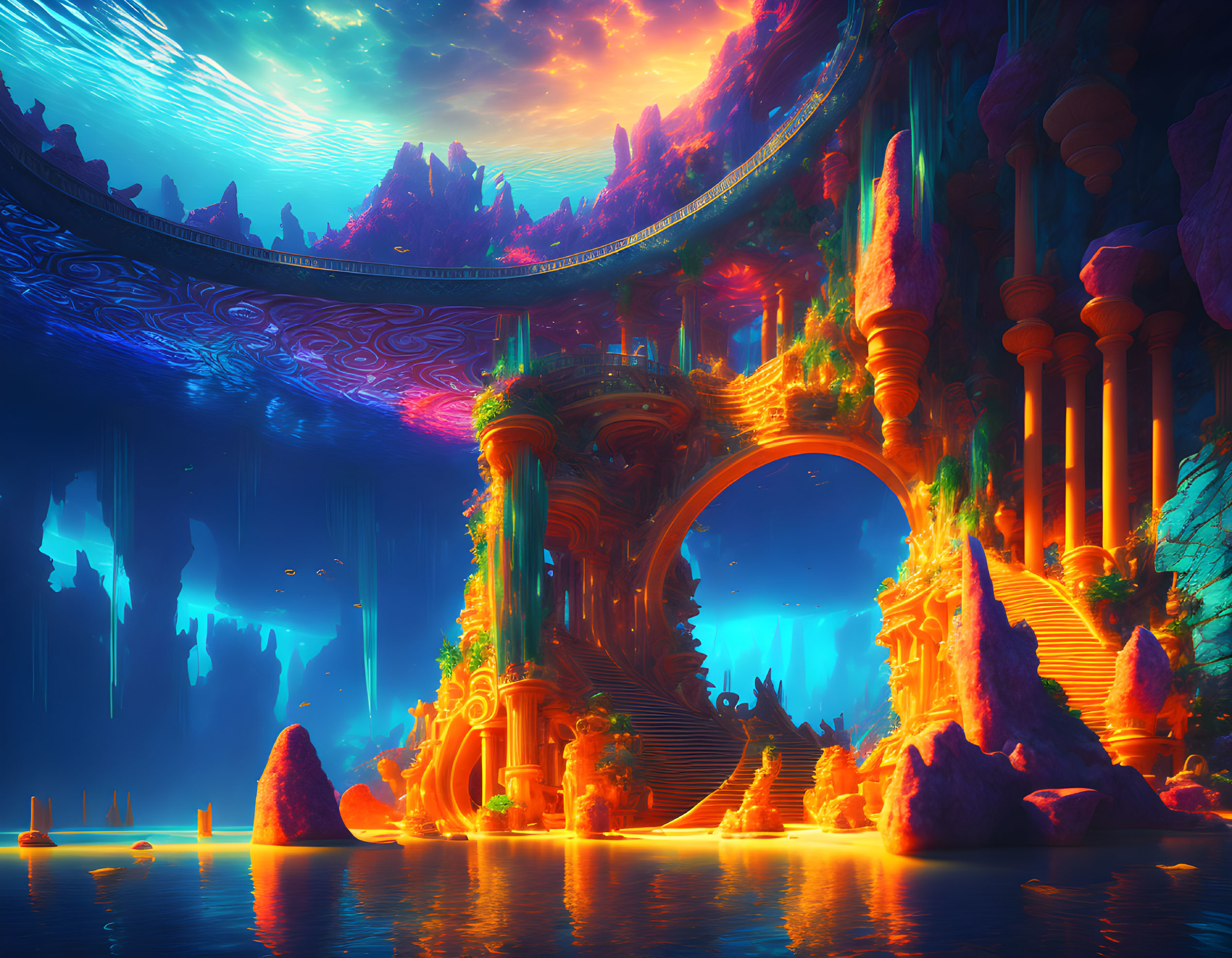 Majestic fantasy landscape with vibrant glow and towering pillars