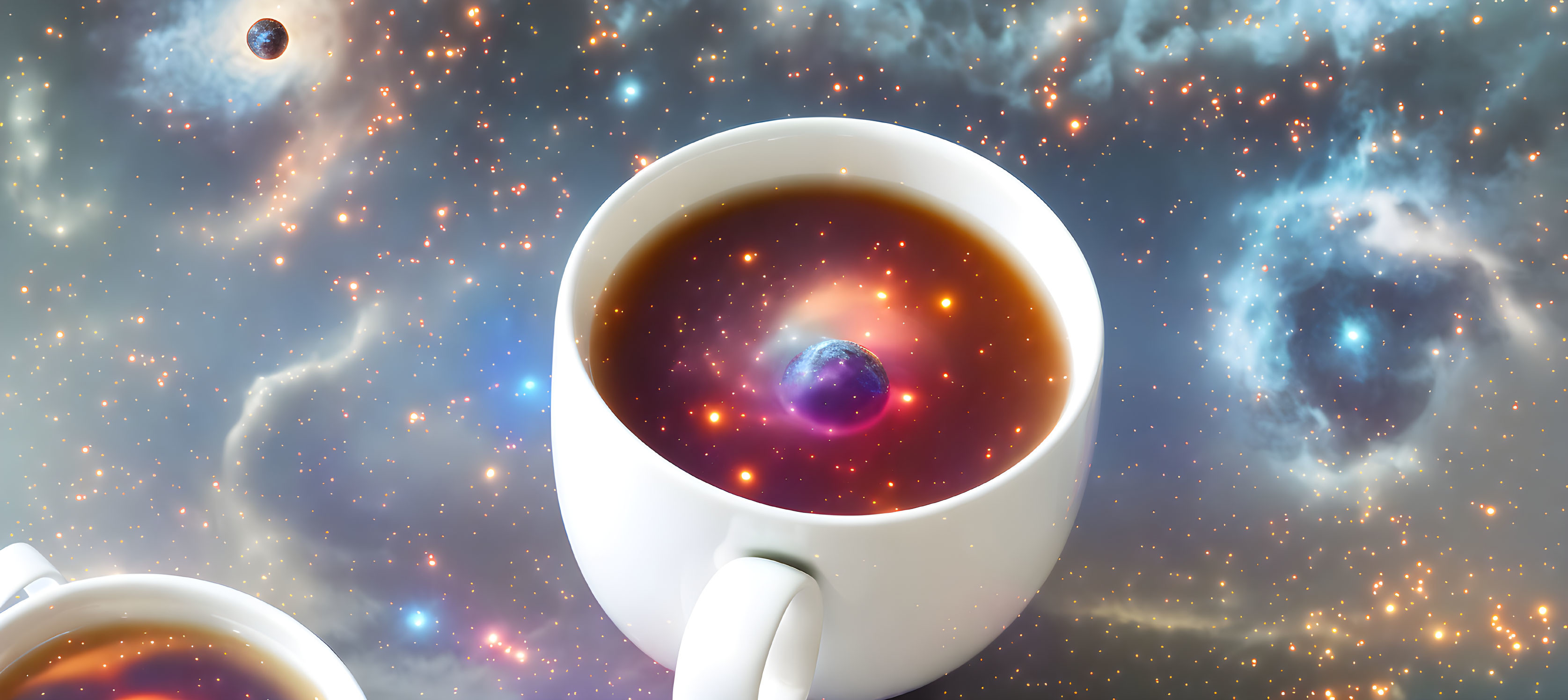 Cosmic coffee cup reflecting swirling galaxy and stars