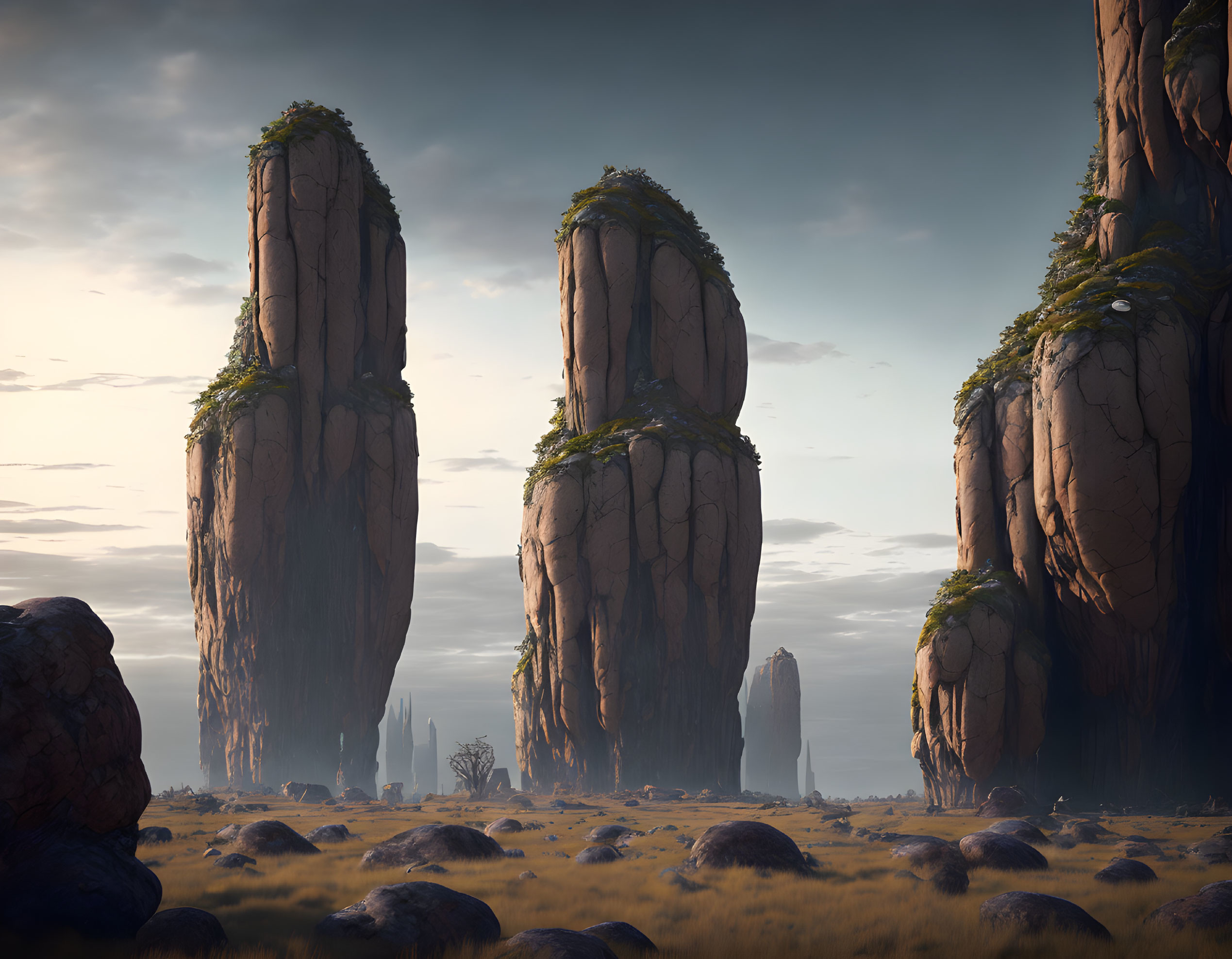 Stone pillars with green foliage under a soft sky among rounded boulders