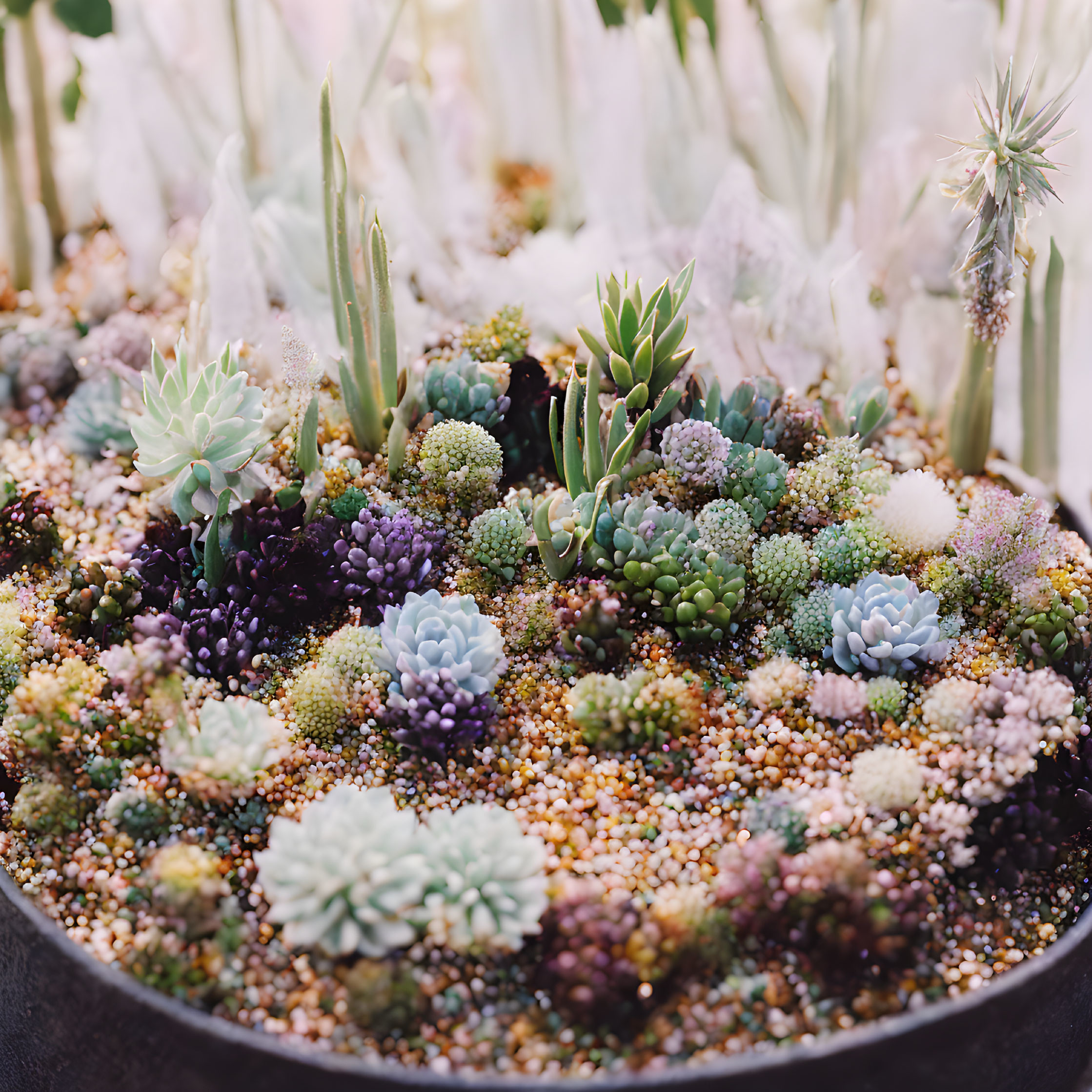 Assorted succulents and cacti in green, blue, and purple shades on pebb