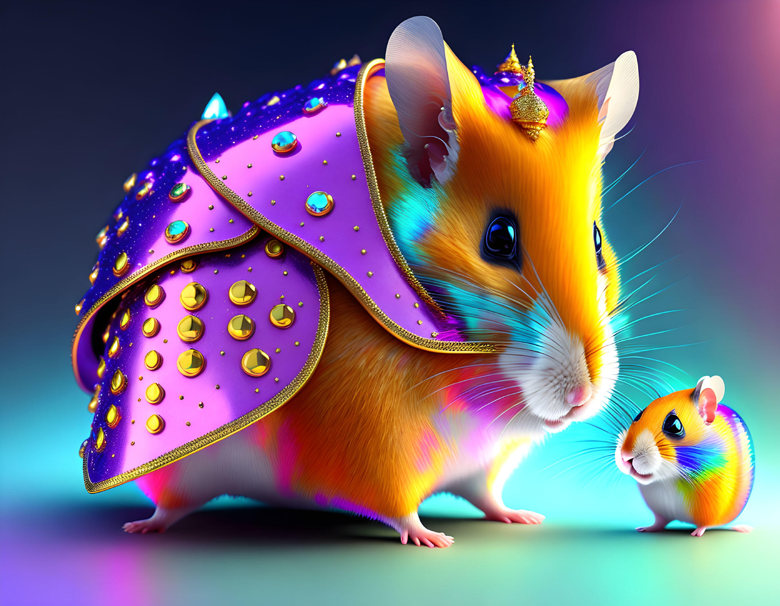 Colorful illustration: Two hamsters with vibrant fur, one in regal attire.