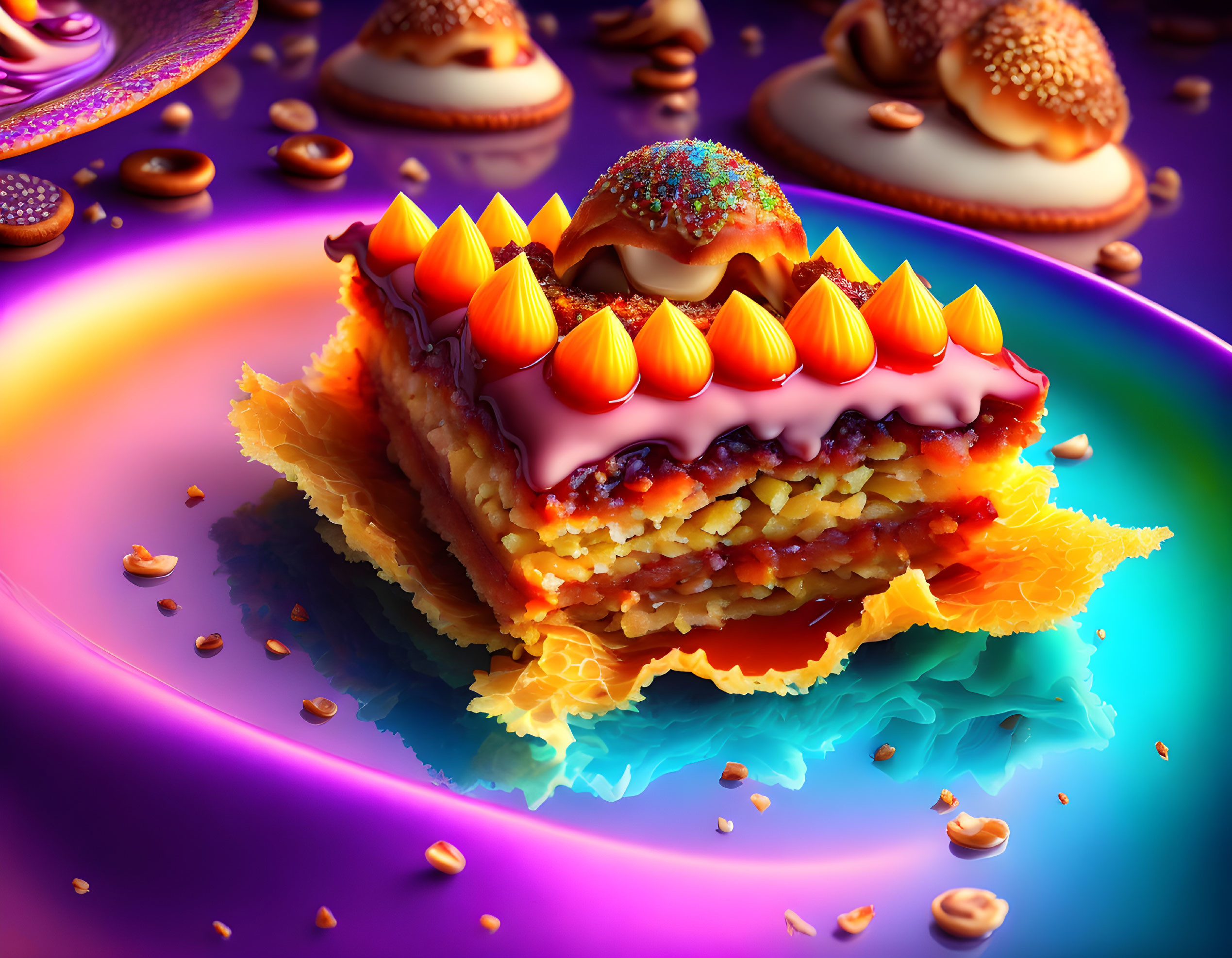 Colorful Layered Dessert Artwork with Toppings and Candies