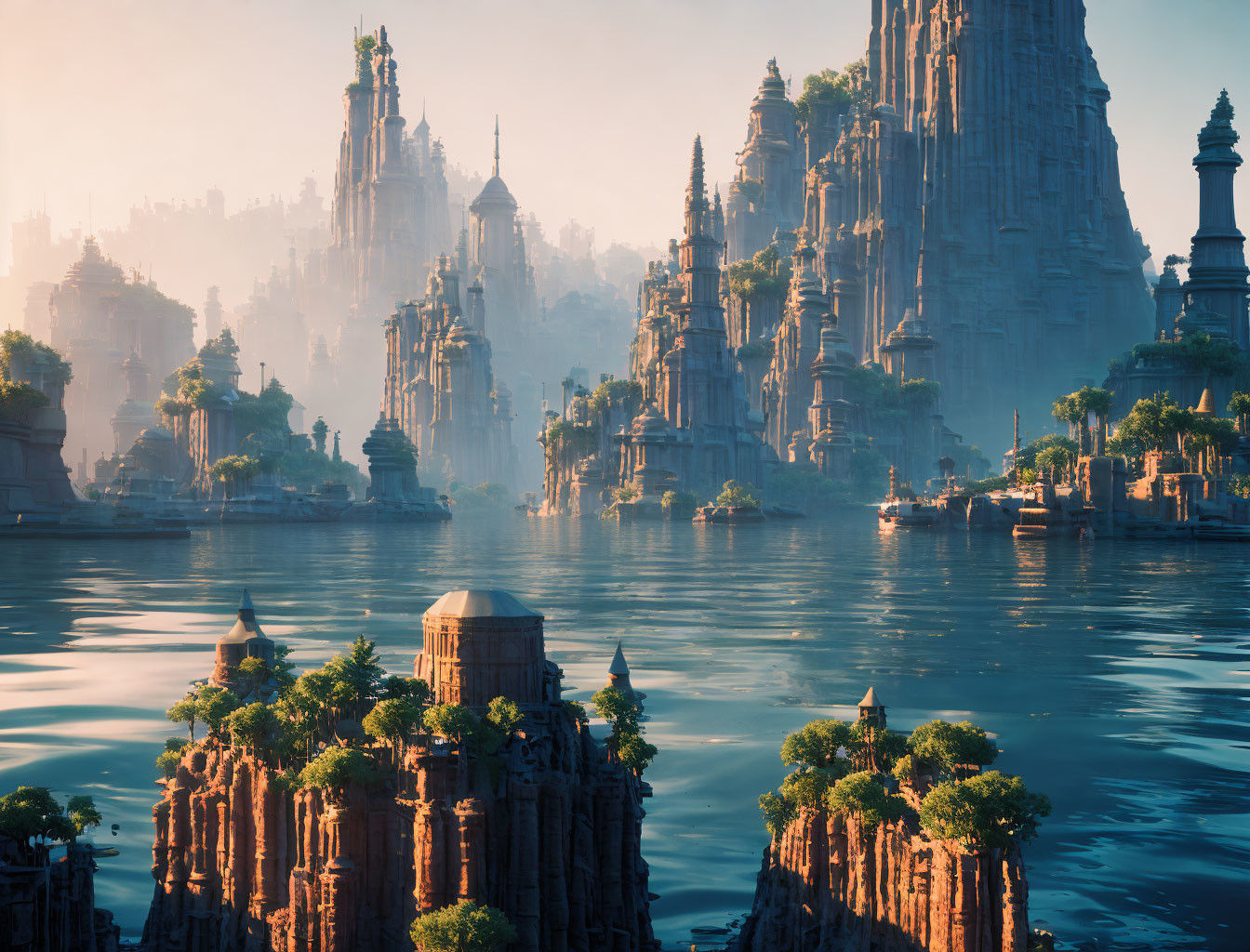 Majestic sunlit fantasy city by serene water