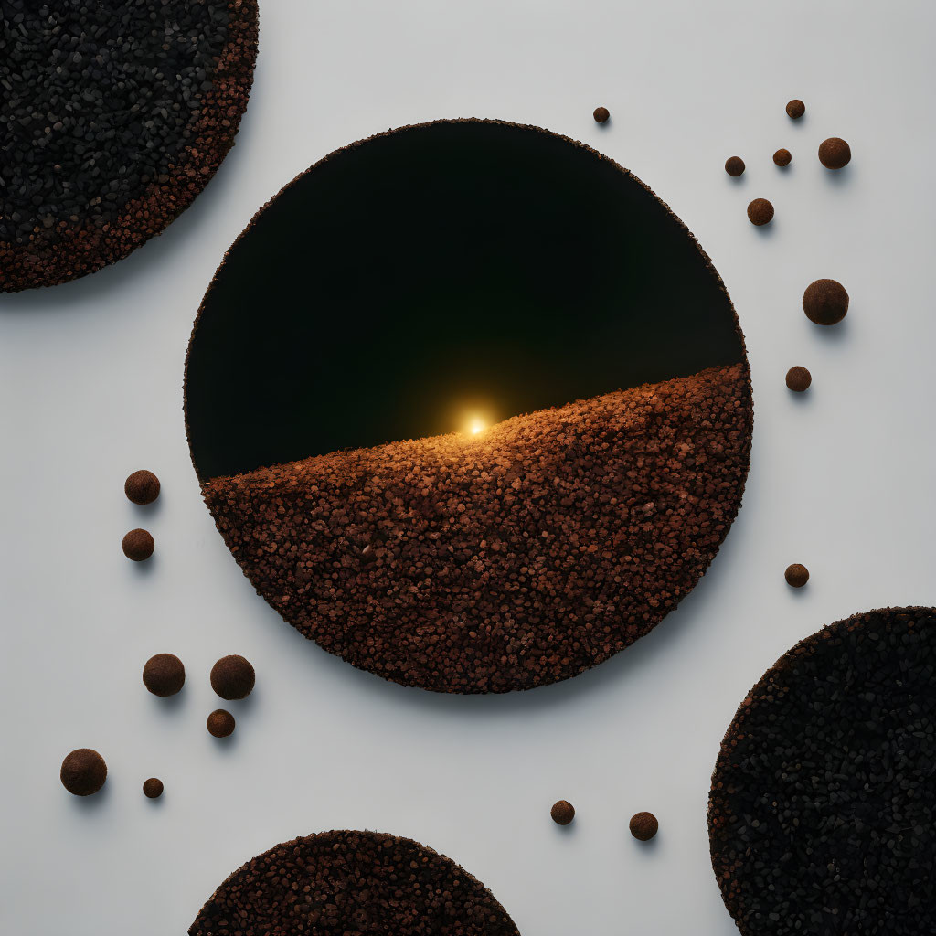 Circular Objects Landscape with Illuminated Sunset Horizon