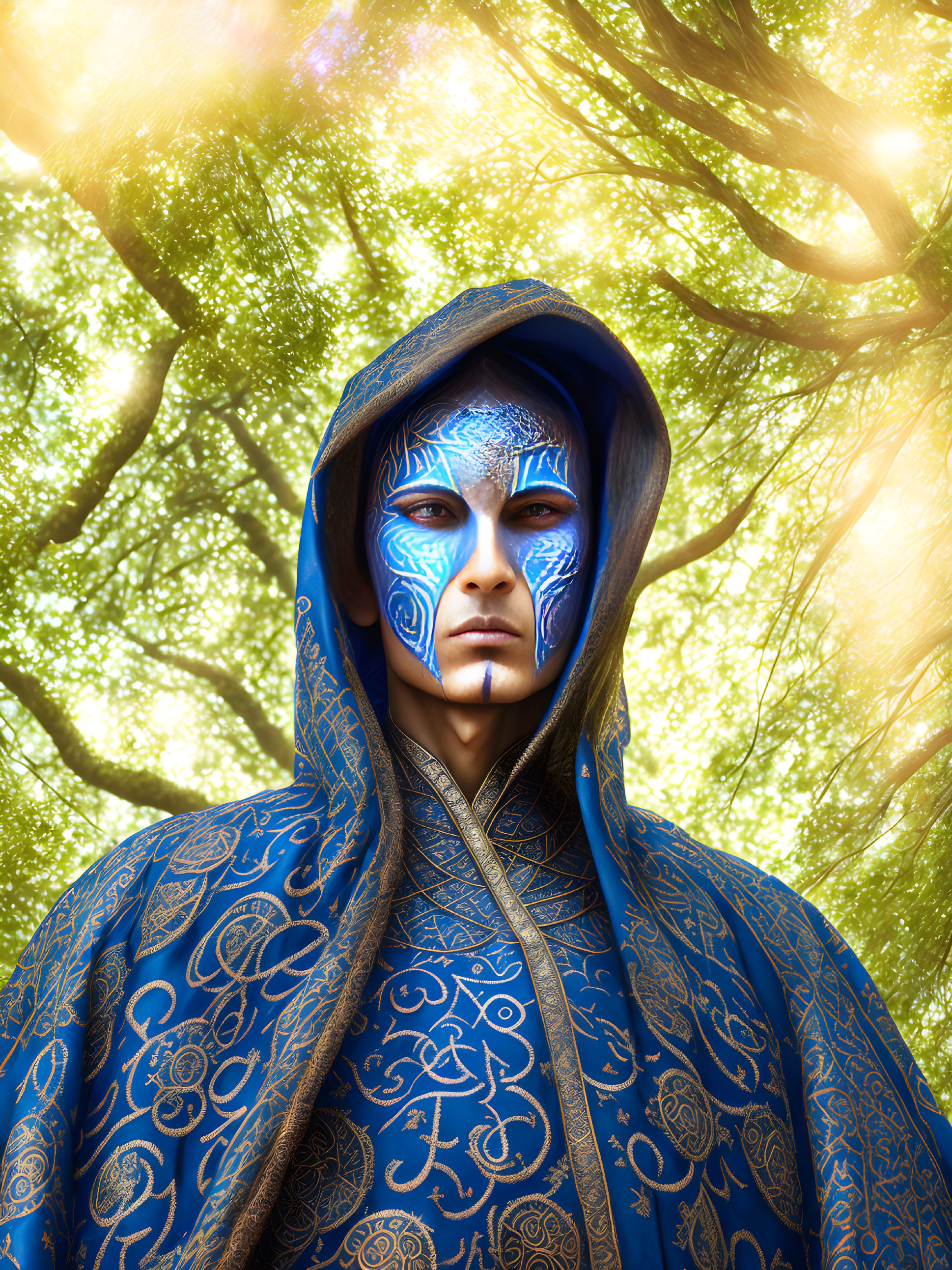 Person with Blue Facial Patterns in Sunlit Forest with Hooded Cloak