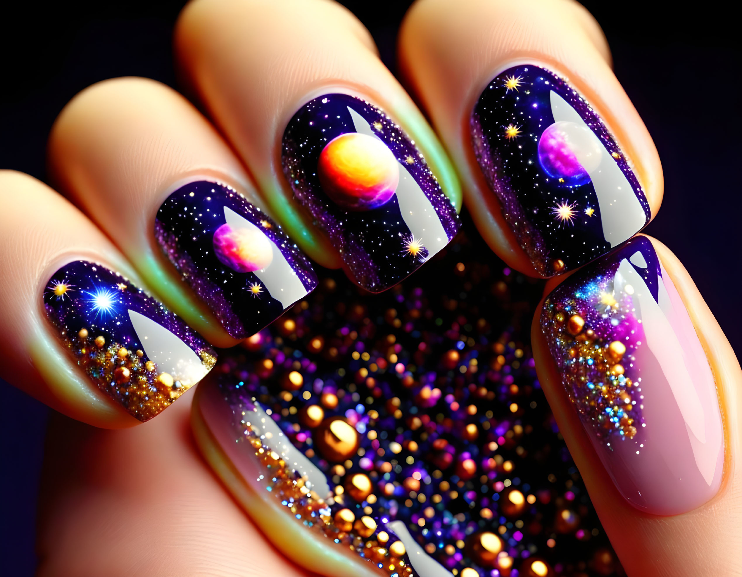 Cosmic design fingernails with planets, stars, glitter, and pink gradient