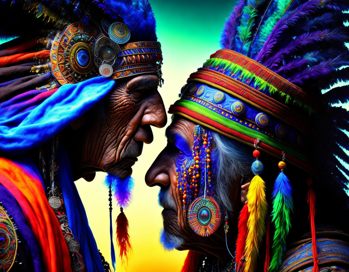 Native American individuals in elaborate headdresses face each other against colorful backdrop