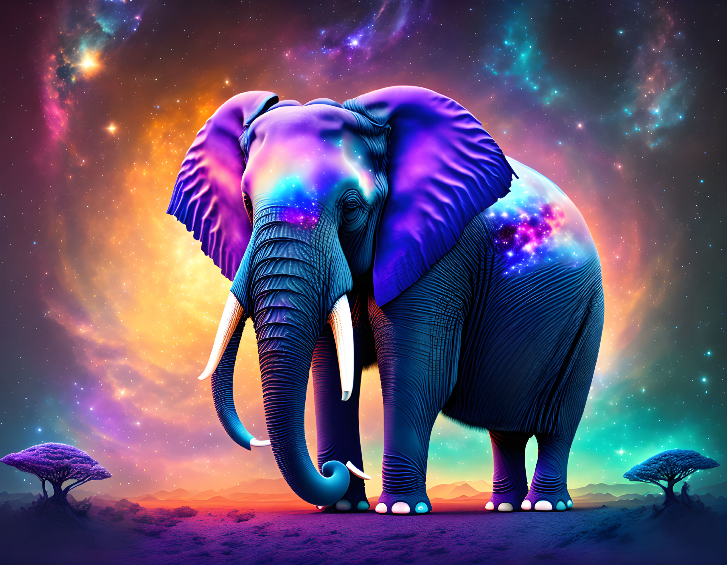 Cosmic pattern elephant under starry sky with nebula backdrop