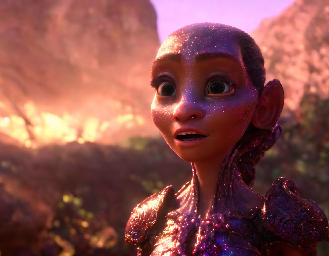 CGI-animated female character with elfin features and expressive eyes on pink background