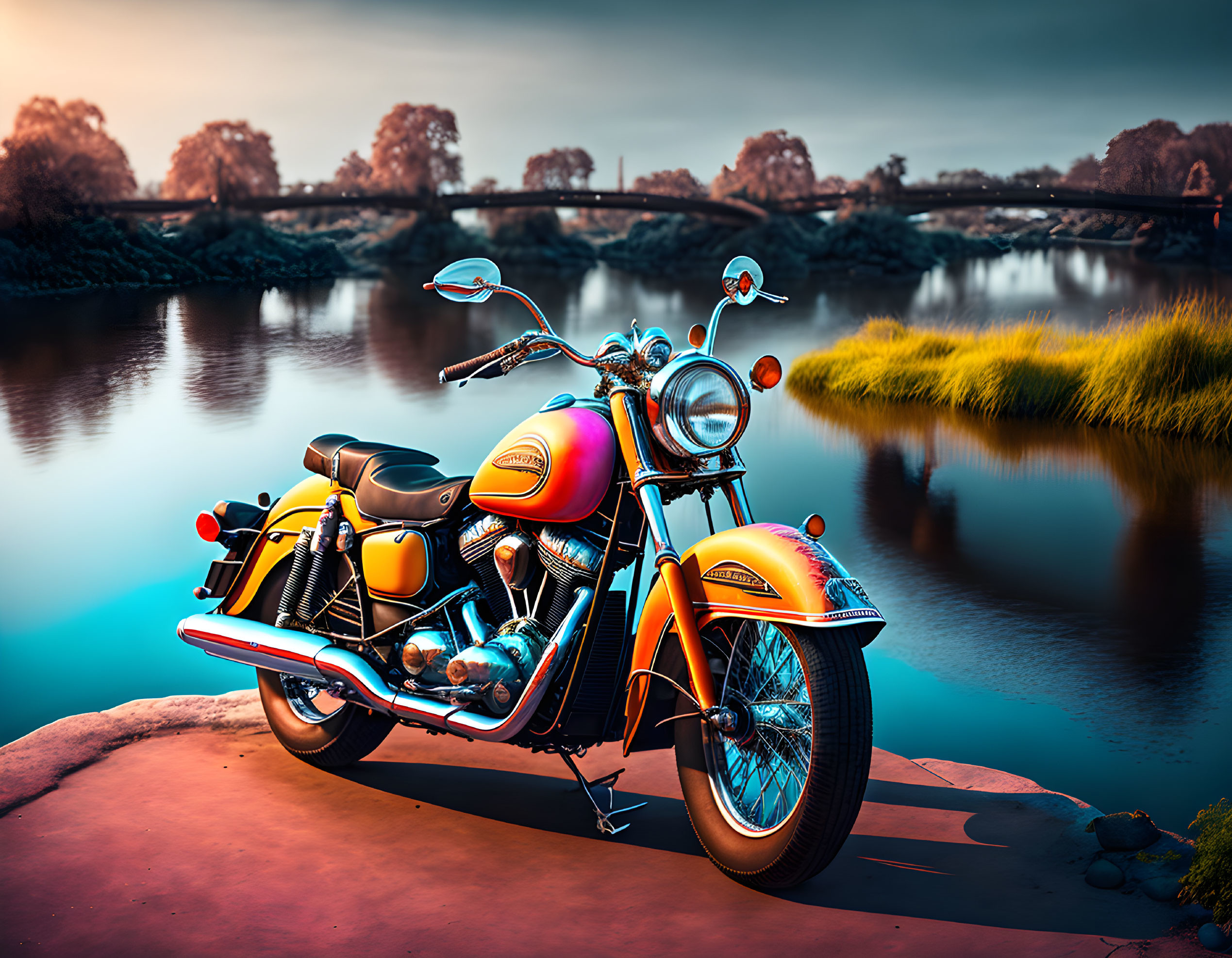 Vintage Motorcycle Sunset River Bridge Landscape