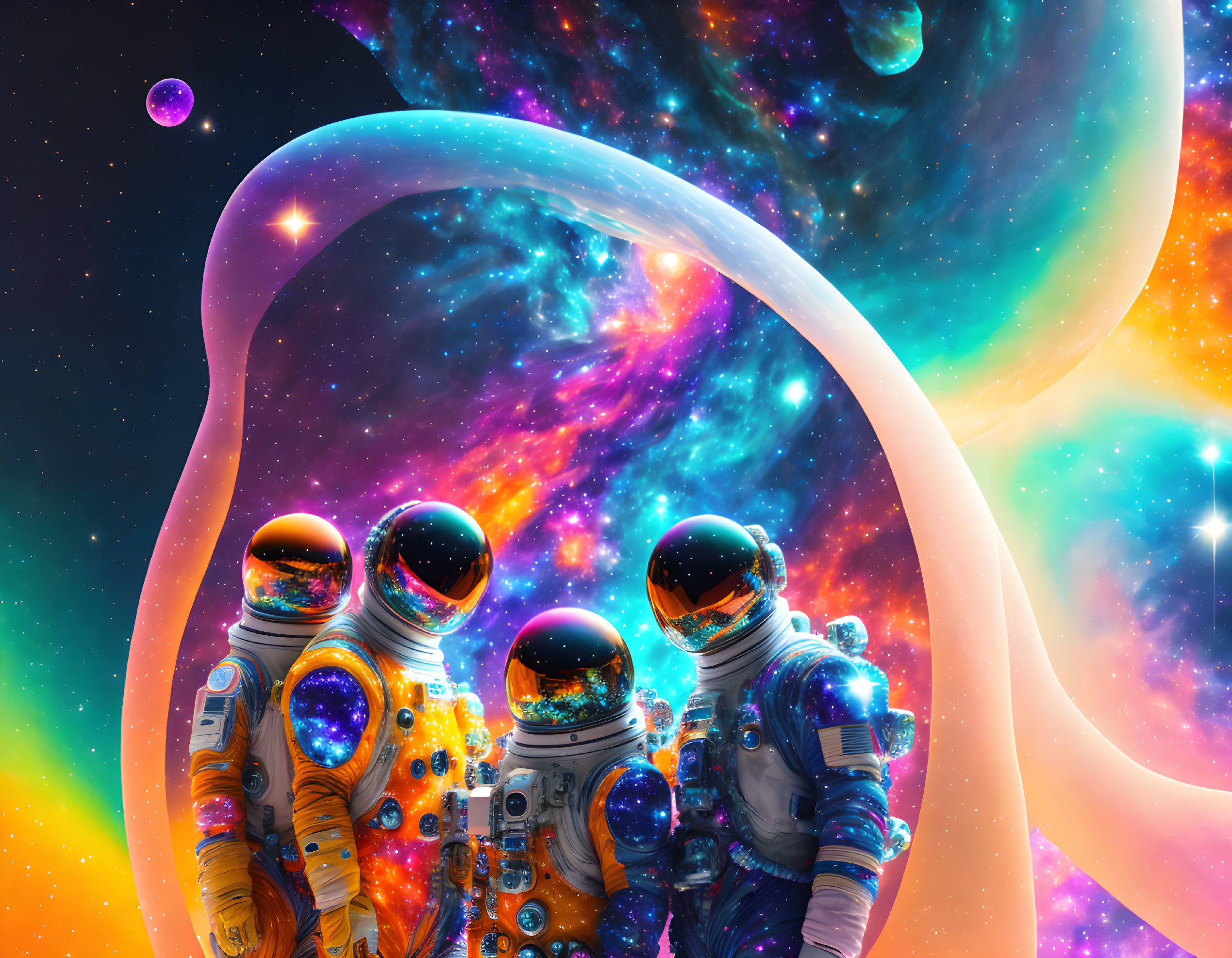 Three astronauts in spacesuits against cosmic background with galaxies and surreal planet.