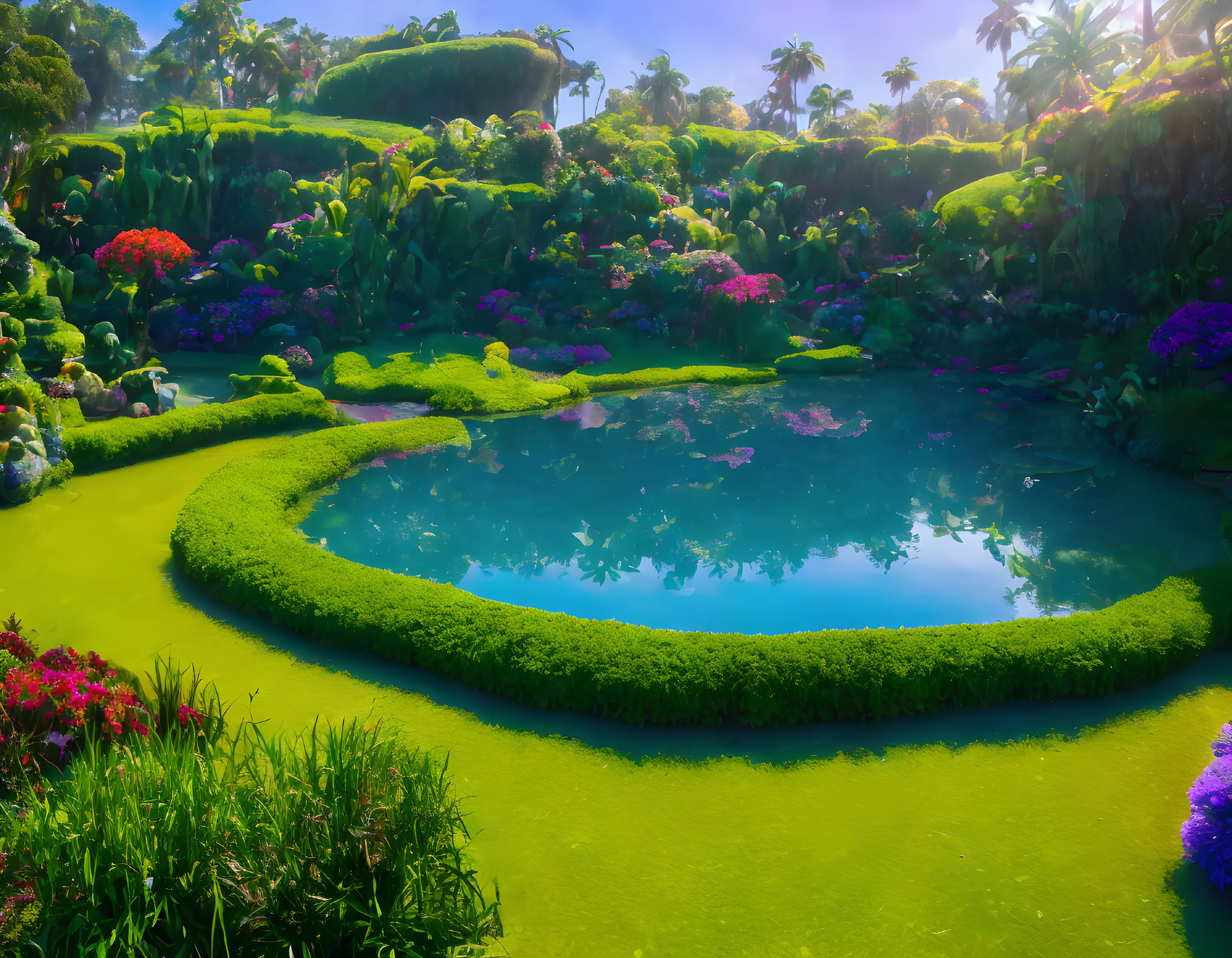 Lush garden with serene pond and colorful flowers