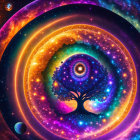 Colorful cosmic art: concentric circles, tree silhouette, starry space.