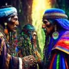 Indigenous men in traditional attire with vibrant feathers and beads shake hands in forest setting