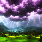 Purple Clouds and Lightning Bolts Over Green Forest in Yellow Light