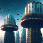 Futuristic cityscape with green skyscrapers and floating vehicles