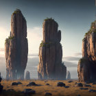 Stone pillars with green foliage under a soft sky among rounded boulders