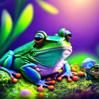 Colorful Frogs in Vibrant Digital Art Amid Lush Greenery