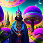 Vibrant futuristic landscape with tribal figure and alien elements