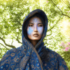 Person with Blue Facial Patterns in Sunlit Forest with Hooded Cloak