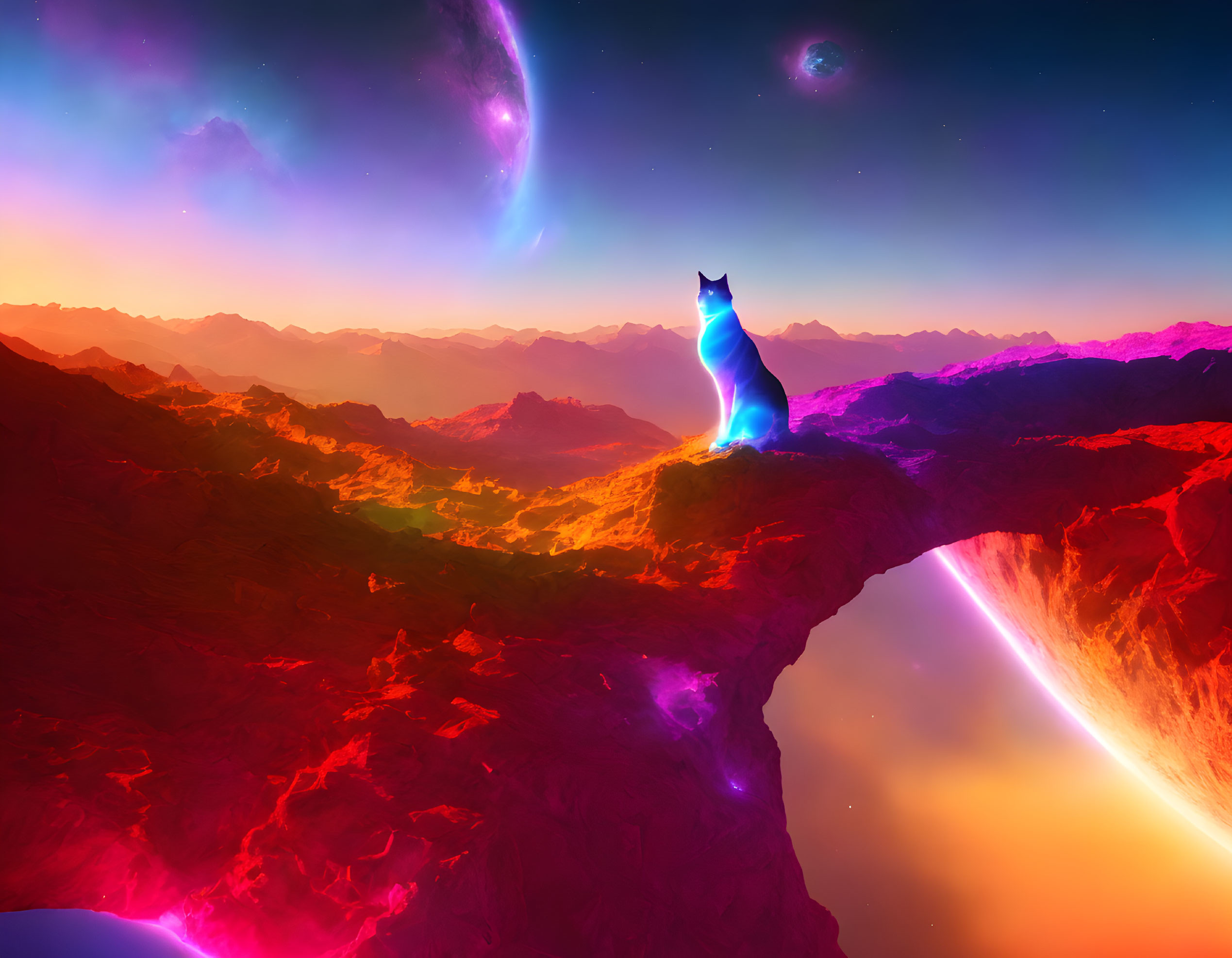 Neon cat silhouette on colorful rocky terrain under cosmic sky