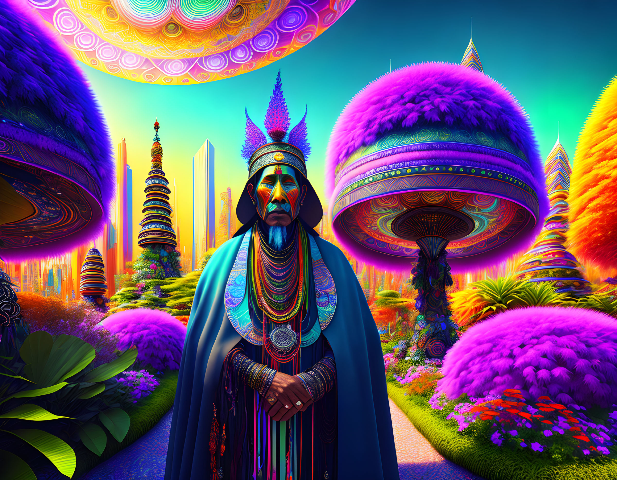 Vibrant futuristic landscape with tribal figure and alien elements