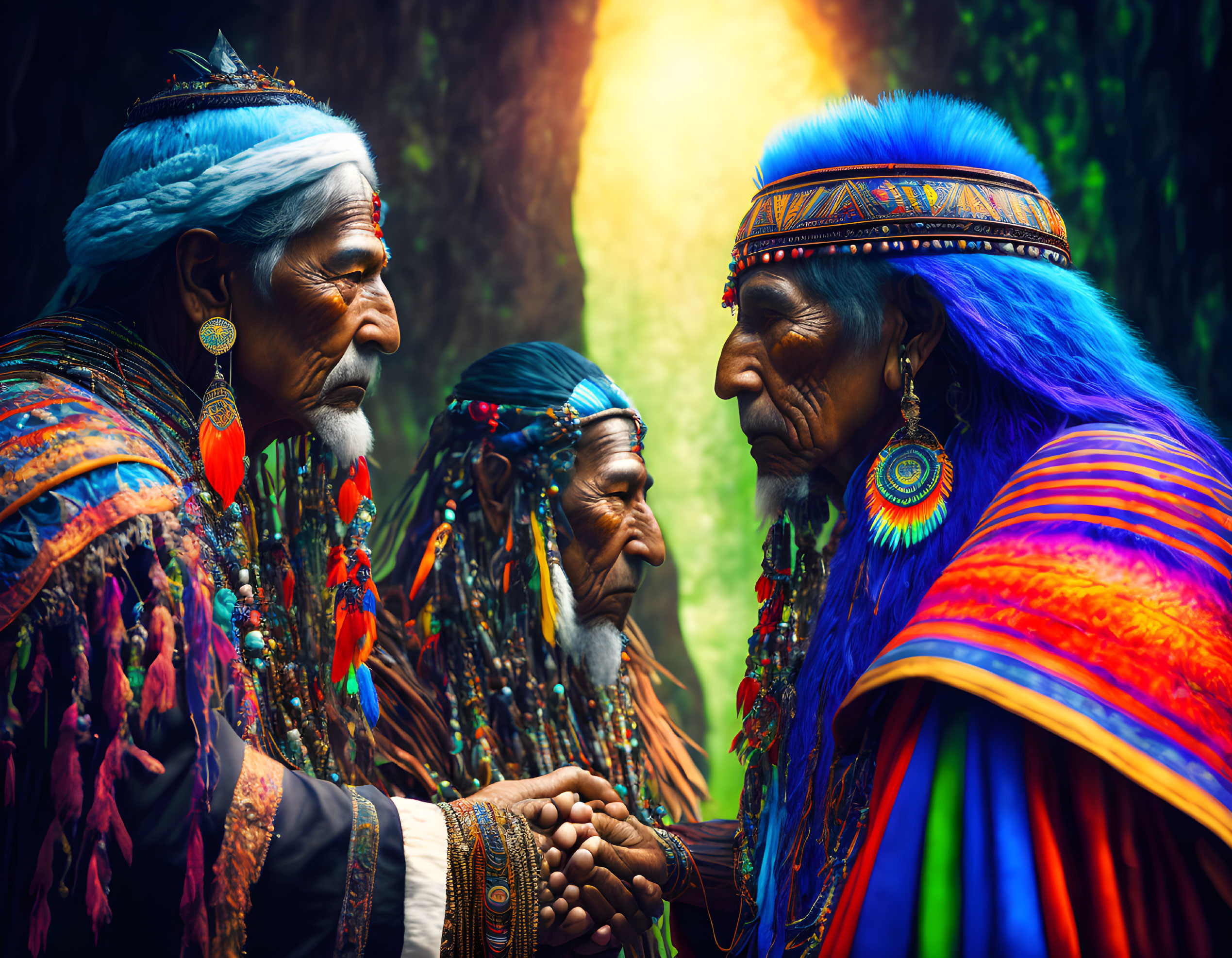 Indigenous men in traditional attire with vibrant feathers and beads shake hands in forest setting