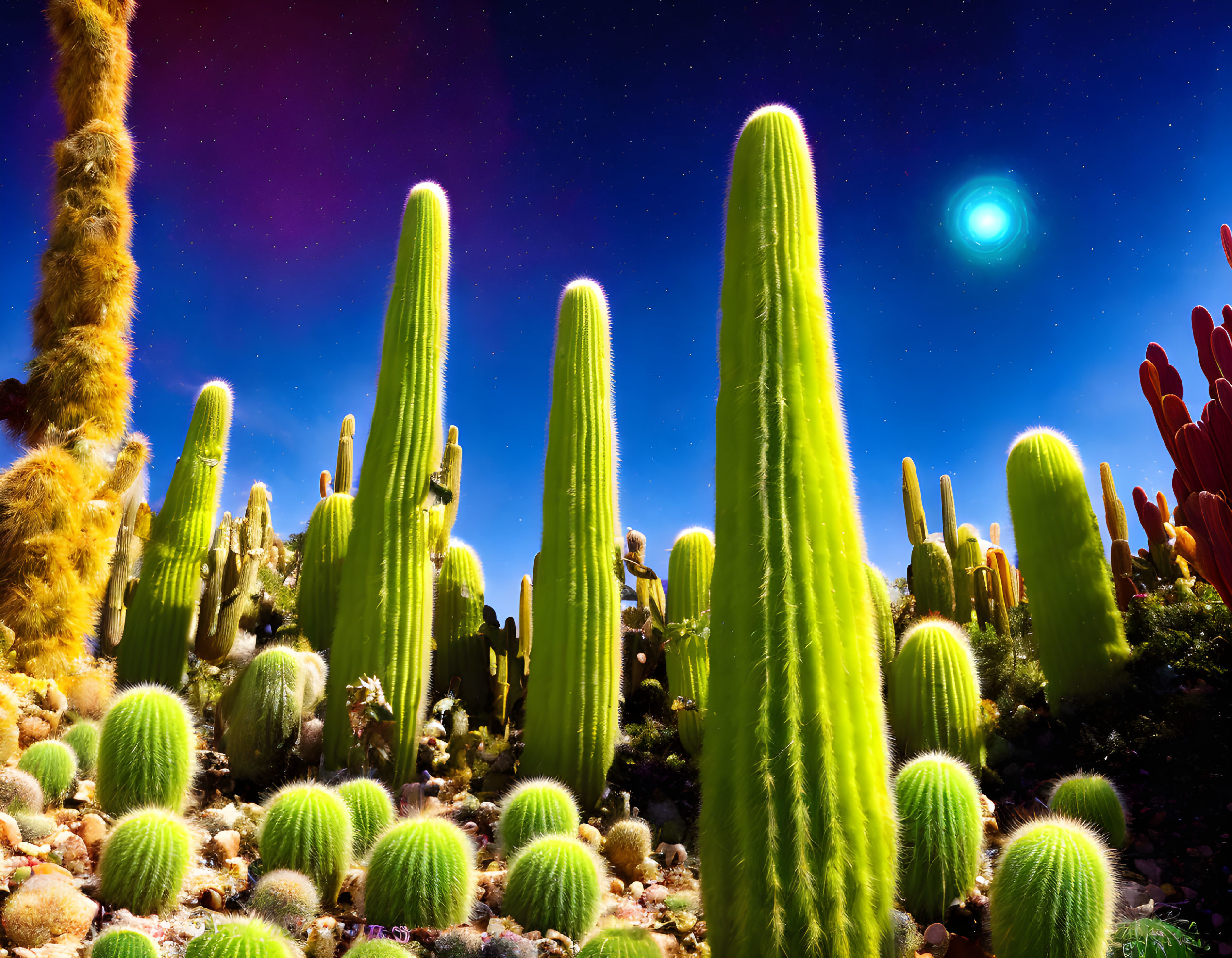 Diverse cacti under starry desert sky with cosmic transition