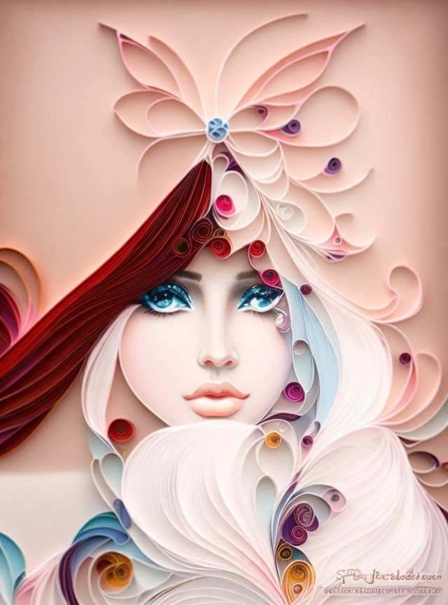 Colorful paper quilling portrait of woman with flowing hair