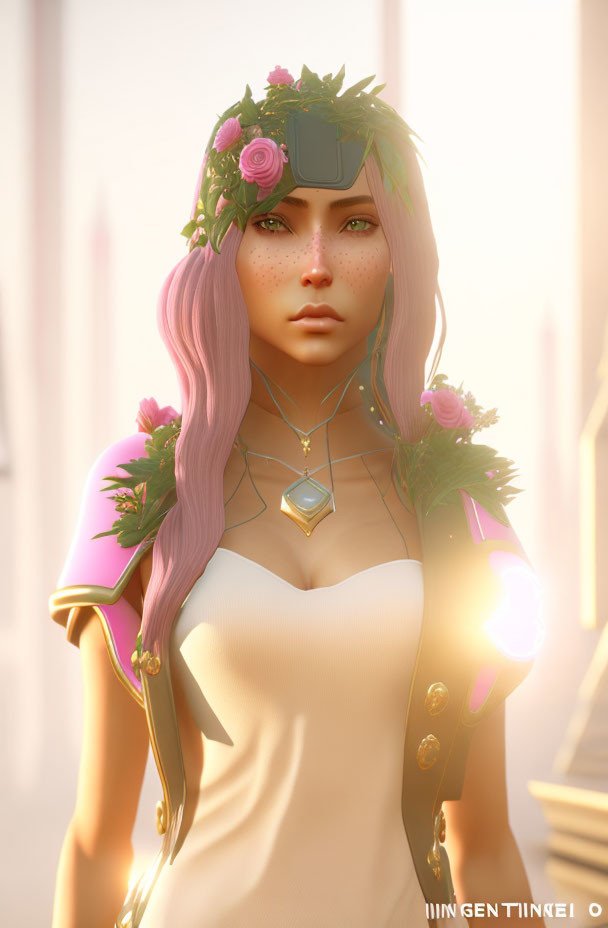 3D-rendered image of woman with pink hair and floral crown