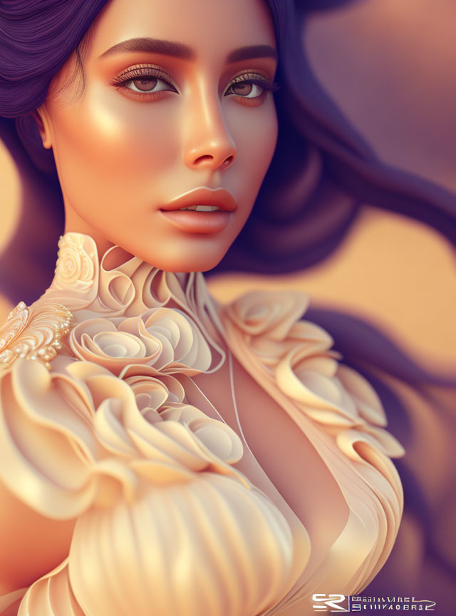 Stylized digital artwork of a woman with ruffled attire, golden accents, and purple hair