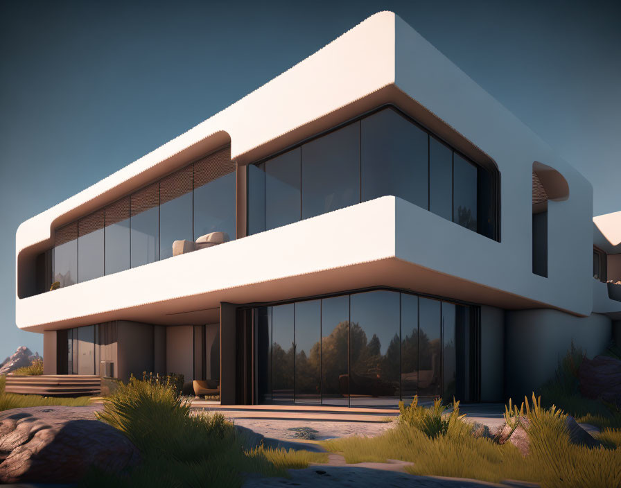 Contemporary Two-Story House with Large Windows and Flat Roof in Natural Landscape at Dusk