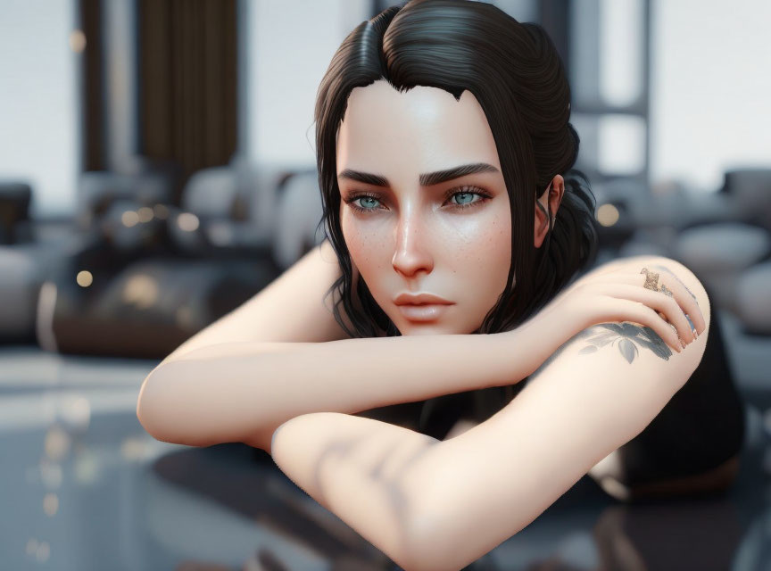 Digital artwork of woman with black hair and tattoos in indoor setting