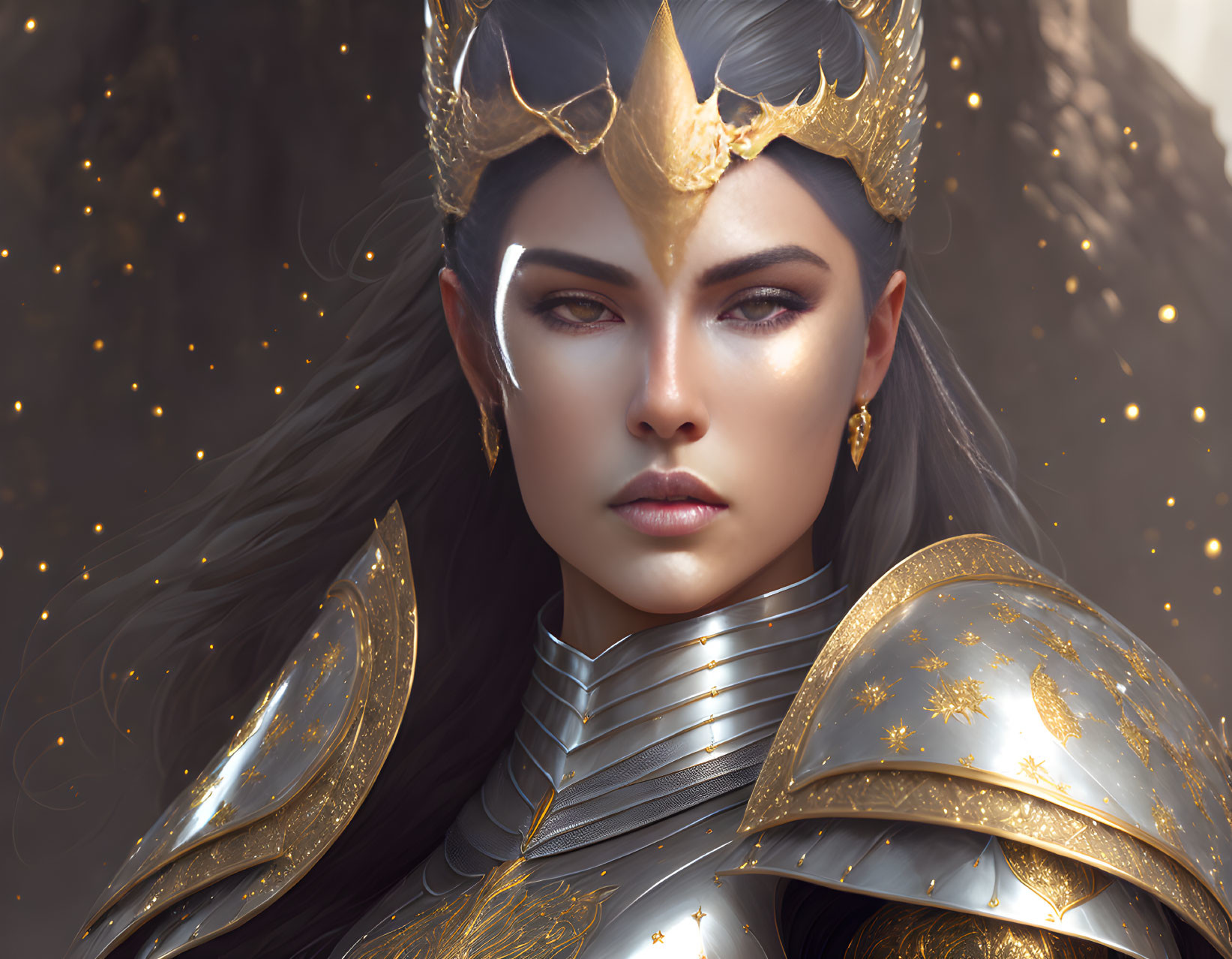 Regal woman in golden crown and star-adorned armor with stern expression