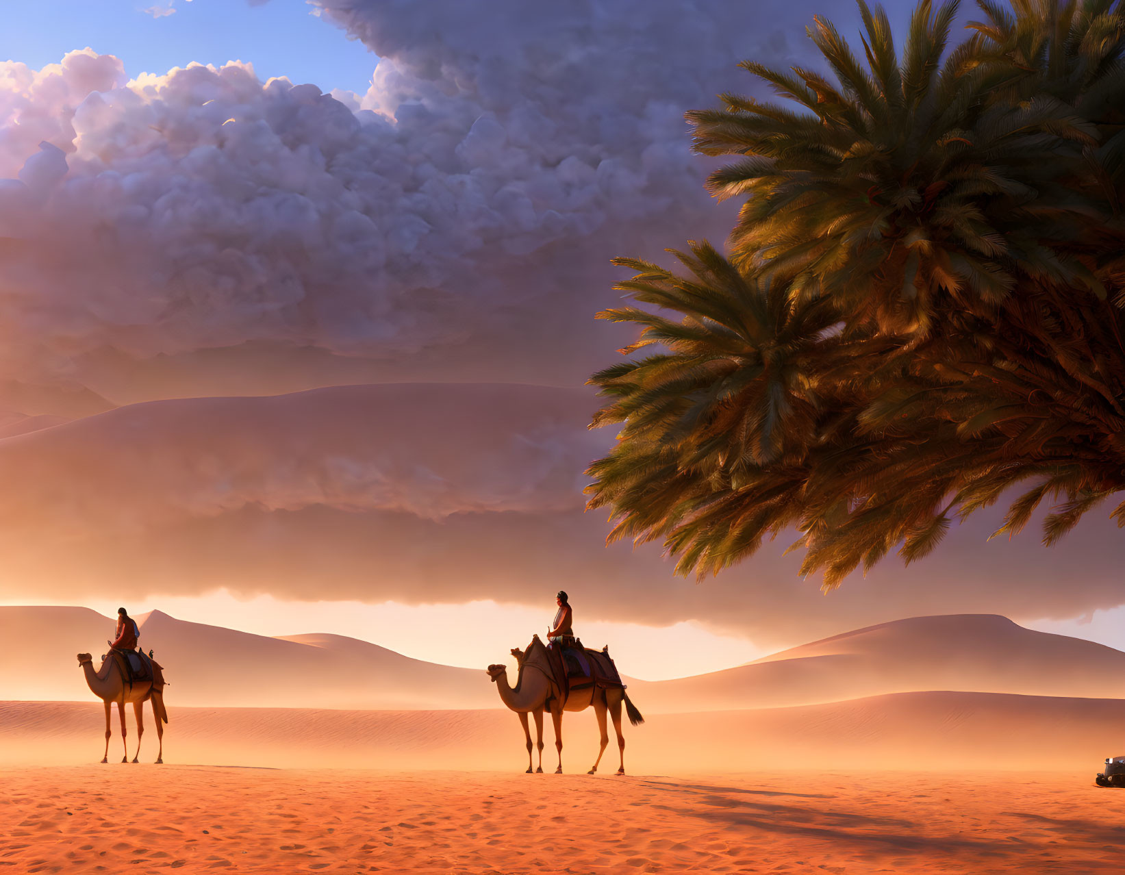 Desert sunset: Two riders on camels, sand dunes, palm trees, dramatic sky