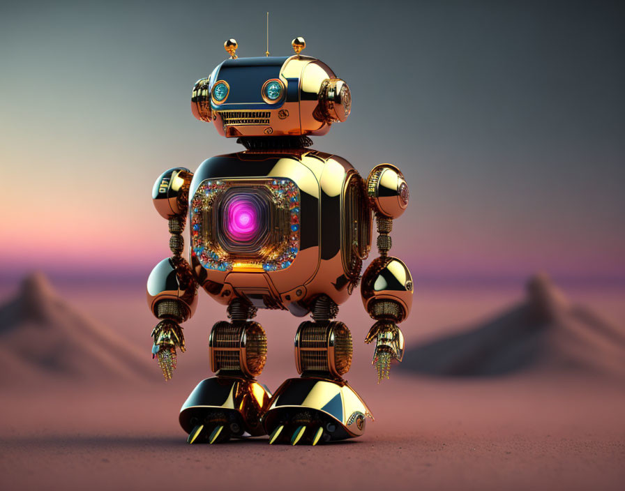 Whimsical robot with ornate limbs and futuristic head in desert sunset scene