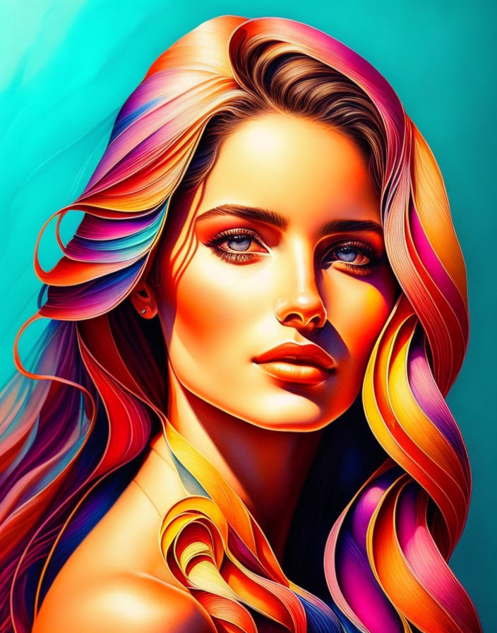 Colorful digital portrait of a woman with flowing hair and surreal lighting