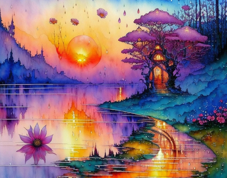 Colorful Watercolor Painting of Sunset Landscape with Lake, House, and Balloons