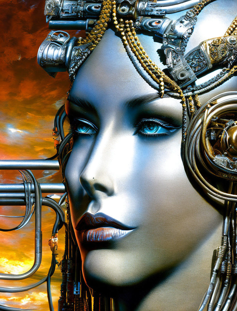 Futuristic female face with metallic skin and intricate headgear against orange sky