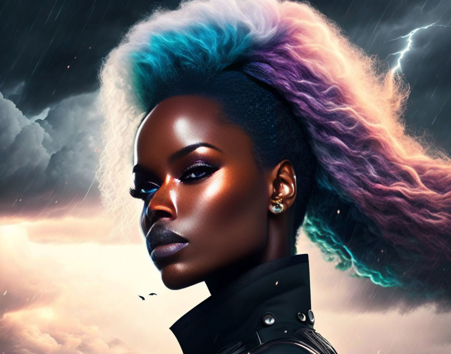 Vibrant portrait of woman with colorful hair against cosmic backdrop