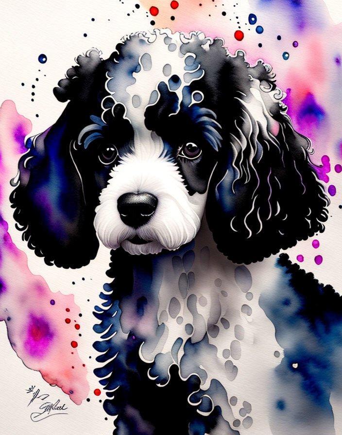 Colorful Dog Artwork: Realistic & Abstract Blend with Ink Splashes